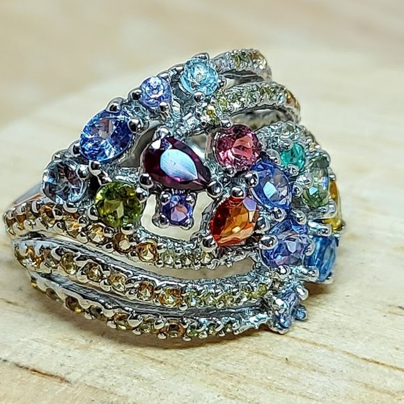 Natural Garnet, Emerald, Tanzanite 925 Sterling Silver Ring Sz 7.5 - Picture 3 of 9